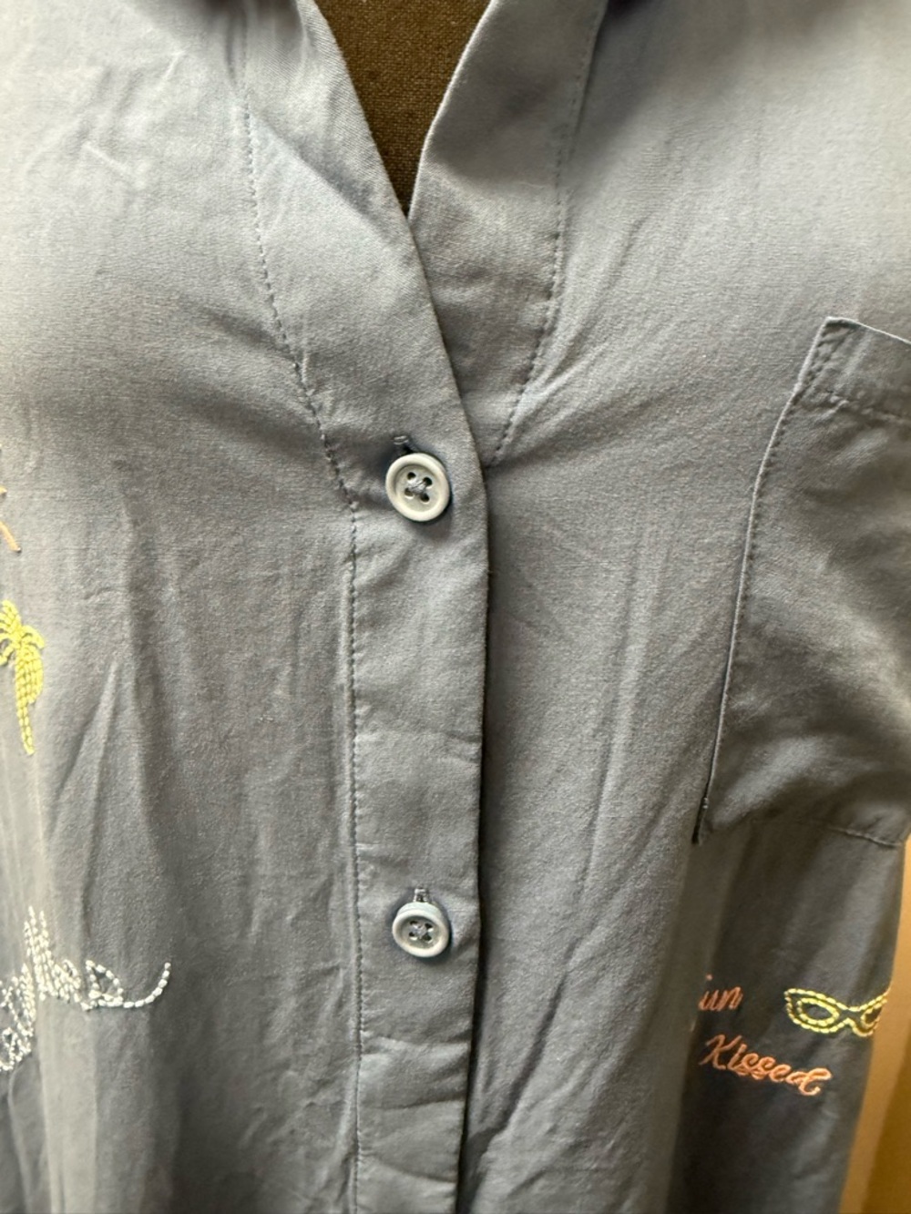 Jasmine Ginger Blue Embroidered Beach Button Shirt Tropical Top Large - Picture 3 of 11